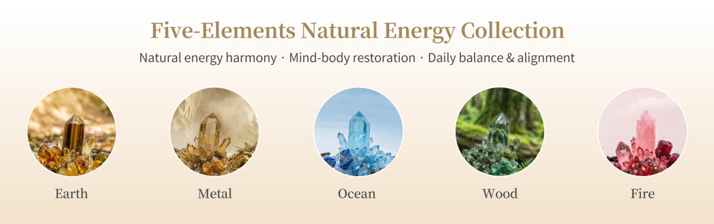 Five element spiritual healing crystals collection, Earth, Metal, Ocean, Wood, Fire natural energy stones for holistic spiritual wellness, Kaelunas sacred natural wellness