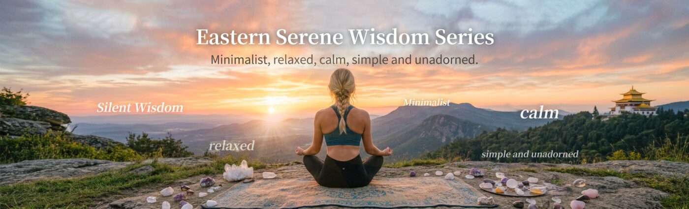 Kaelunas Eastern Serene Wisdom crystal series banner, woman meditating on mountain top with healing crystals at sunrise, minimalist calm spiritual wellness