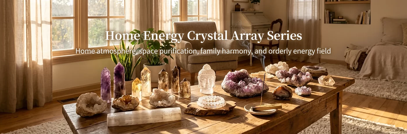 Kaelunas Home Energy Crystal Array Series banner, assorted healing crystal points, geode clusters and crystal decor laid on wooden table in sunlit cozy living‑room, for home atmosphere, space purification, family harmony and orderly energy field