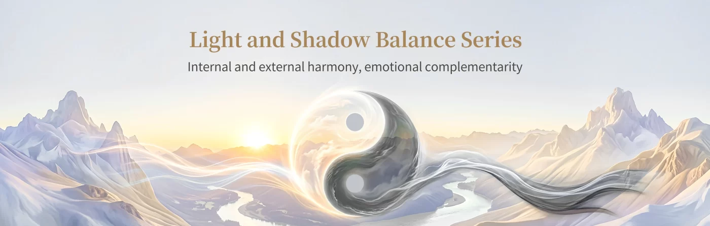 Kaelunas Light and Shadow Balance Series banner, glowing yin‑yang symbol at sunrise over mountain valley landscape, spiritual healing crystal collection for inner‑outer harmony and emotional balance